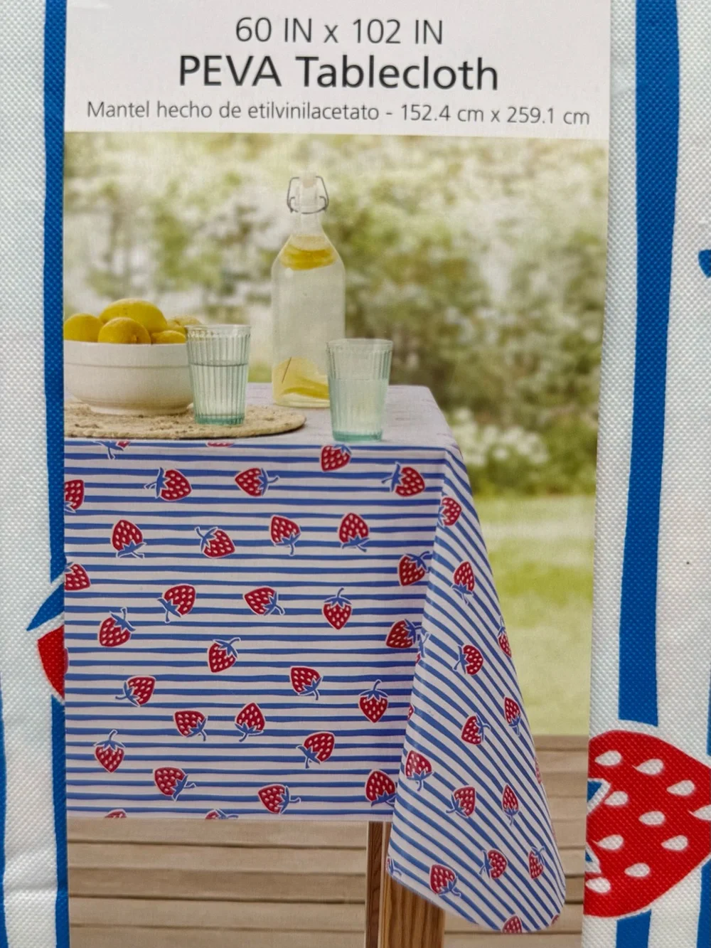 Mainstays Red & Blue Strawberry Stripe PEVA Tablecloth